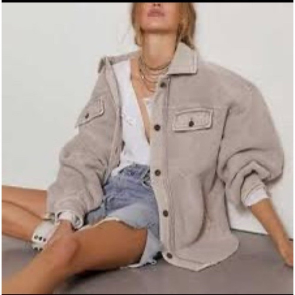Free People Ruby Sherpa Shacket Women Large Stone Oversized Fleece Boho Fall